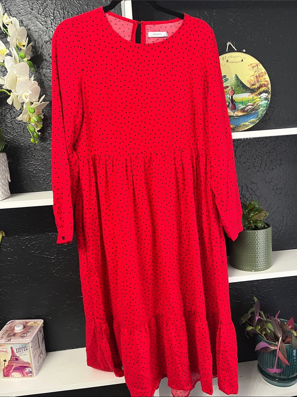 Reserved Red Midi Dress with Black Dot Print EUR 38 UK 10